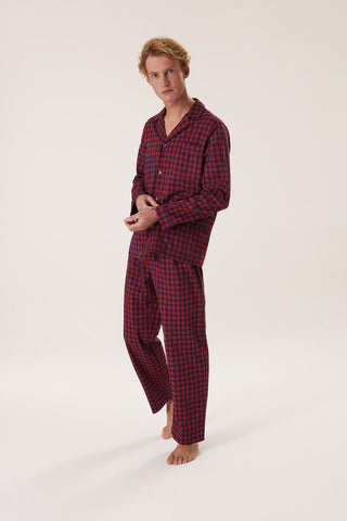 Premium Cotton Flannel Pajama Set - Plaid - Midnight Blue and Rasberry Red