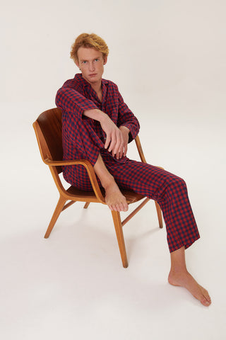 Premium Cotton Flannel Pajama Set - Plaid - Midnight Blue and Rasberry Red