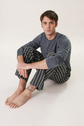 Premium Cotton Flannel Lounge Pants - Striped - Denim Gray