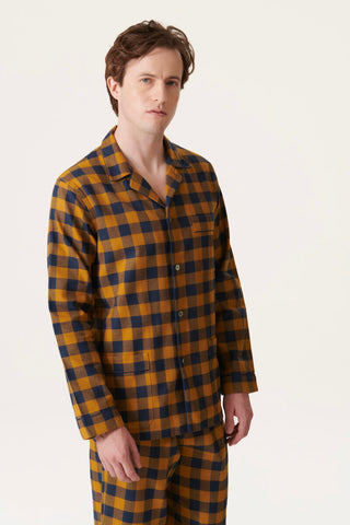 Premium Cotton Flannel Pajama Set - Checkered - Ocher Yellow