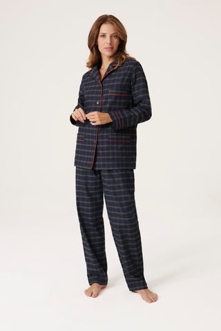 Premium Cotton Flannel Pajama Set - Plaid - Navy and Green