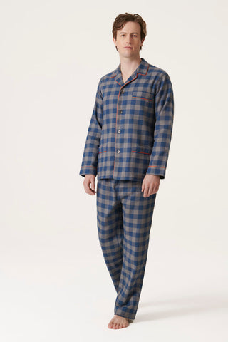 Premium Cotton Flannel Pajama Set - Checkered - Denim Blue