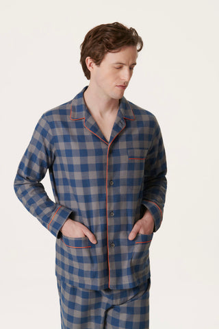 Premium Cotton Flannel Pajama Set - Checkered - Denim Blue