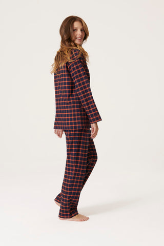 Premium Cotton Flannel Pajama Set - Plaid - Navy and Orange
