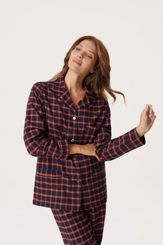 Premium Cotton Flannel Pajama Set - Plaid - Navy and Orange
