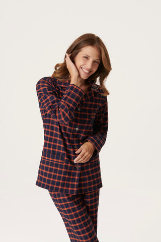 Premium Cotton Flannel Pajama Set - Plaid - Navy and Orange