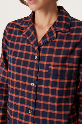 Premium Cotton Flannel Pajama Set - Plaid - Navy and Orange