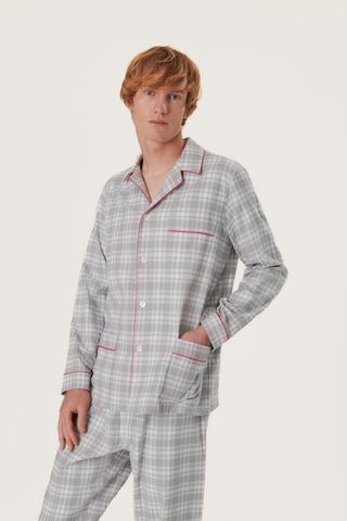 Premium Cotton Flannel Pajama Set - Plaid - Quiet Gray