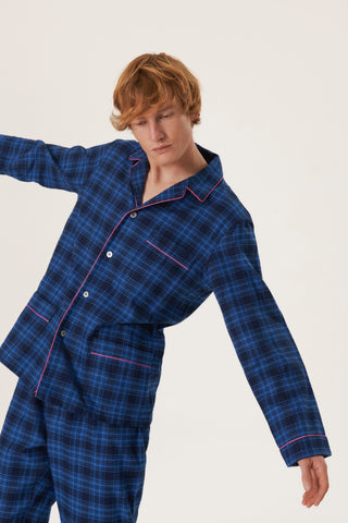 Premium Cotton Flannel Pajama Set - Plaid - Denim Blue