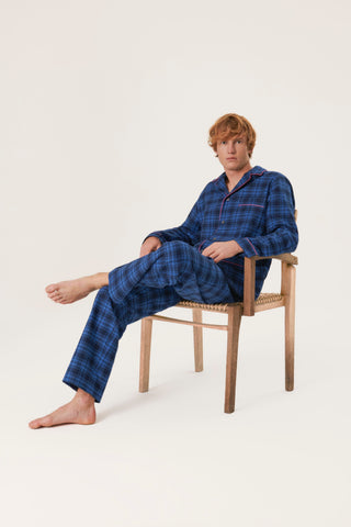 Premium Cotton Flannel Pajama Set - Plaid - Denim Blue