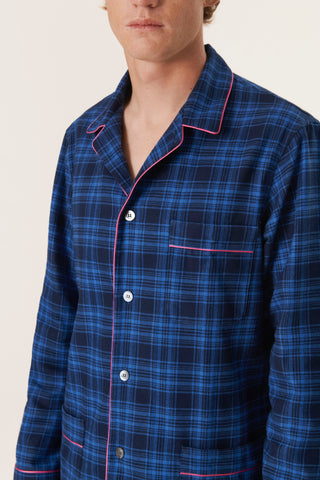 Premium Cotton Flannel Pajama Set - Plaid - Denim Blue