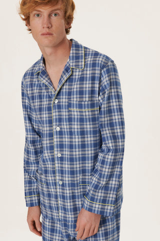 Premium Cotton Flannel Pajama Set - Plaid - Steel Blue