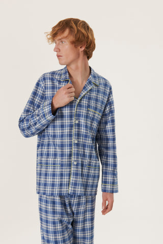 Premium Cotton Flannel Pajama Set - Plaid - Steel Blue