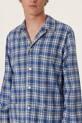 Premium Cotton Flannel Pajama Set - Plaid - Steel Blue