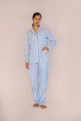 Ultra-Light Cotton Pajama Set - Striped - Avion Blue