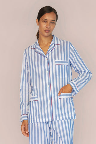 Ultra-Light Cotton Pajama Set - Striped - Avion Blue