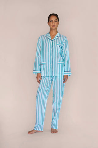 Ultra-Light Cotton Pajama Set - Striped - Mint Green