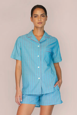 Lightweight Cotton Pajama Shorts Set - Pinstriped - Pale Teal