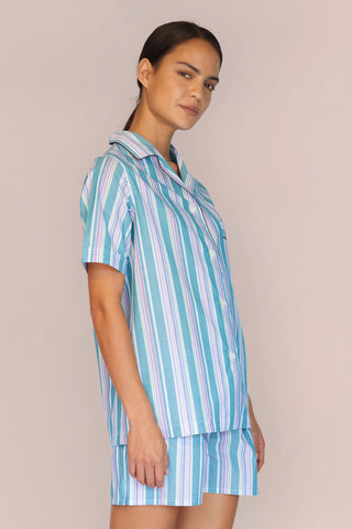 Lightweight Cotton Pajama Shorts Set - Striped - Forest Green