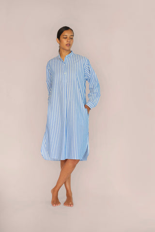 Ultra-Light Cotton Nightshirt - Pinstriped - Avion Blue
