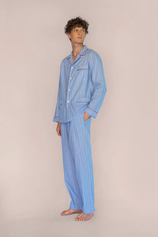 Ultra-Light Cotton Pajama Set - Pinstriped - Avion Blue