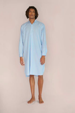 Ultra-Light Cotton Voile Nightshirt - Striped - Powder Blue and Taupe