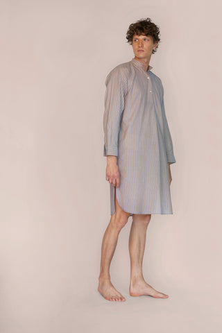 Ultra-Light Cotton Voile Nightshirt - Pinstriped - Cocoa Taupe and Navy