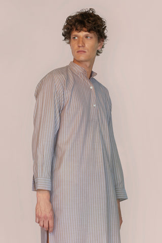 Ultra-Light Cotton Voile Nightshirt - Pinstriped - Cocoa Taupe and Navy