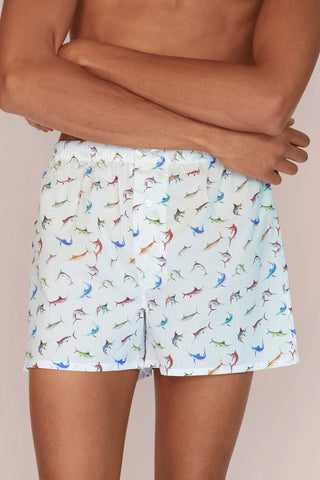 Ultra-Light Cotton Boxers - Marlin Print - Chalk White