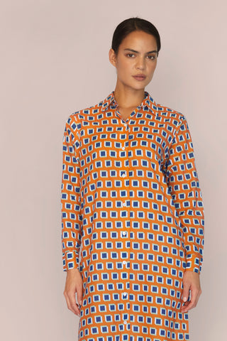 Ultra-Light Cotton Button Down Nightshirt - Print - Tangerine