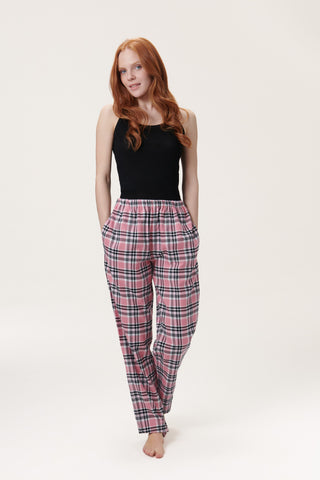 Premium Cotton Flannel Lounge Pants - Plaid - Sunset Pink