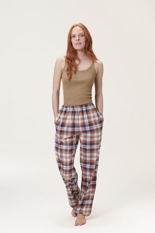 Premium Cotton Flannel Lounge Pants - Plaid - Apricot Yellow