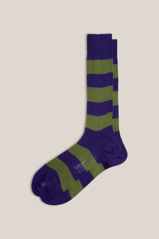 Striped Pima Cotton Ribbed Socks - Extended Mid-Calf - Violet & Green