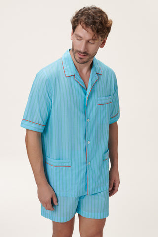 Ultra-Light Cotton Short Pajama Set - Striped - Ocean Blue