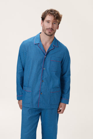 Premium Cotton Flannel Pajama Set - Gingham - Steel Blue