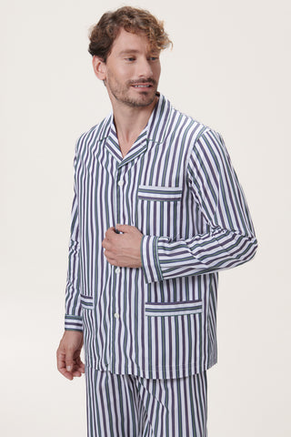 Cotton Pajama Set - Striped - Ink Blue and Forest Green