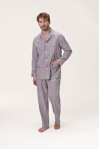 Cotton Pajama Set - Striped - Navy and Brown