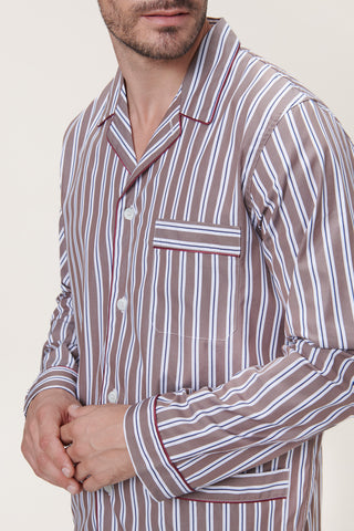 Cotton Pajama Set - Striped - Navy and Brown
