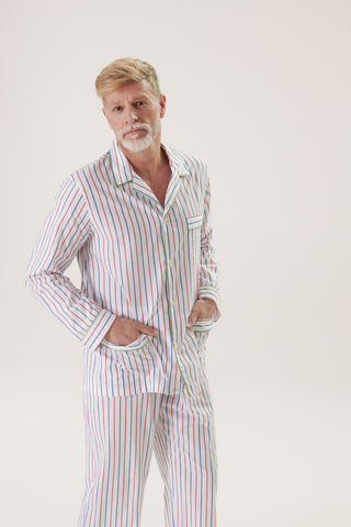 Cotton Pajama Set - Striped - Ink Blue and Cherry Red
