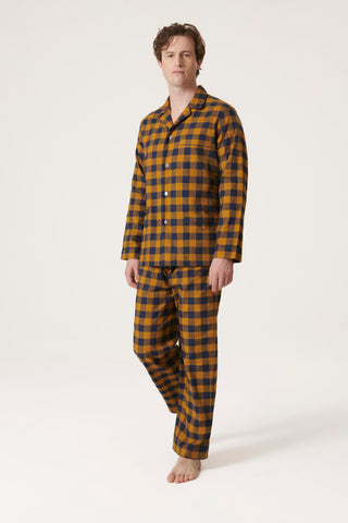 Premium Cotton Flannel Pajama Set - Checkered - Ocher Yellow