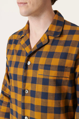 Premium Cotton Flannel Pajama Set - Checkered - Ocher Yellow