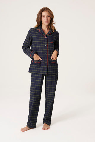 Premium Cotton Flannel Pajama Set - Plaid - Navy and Green