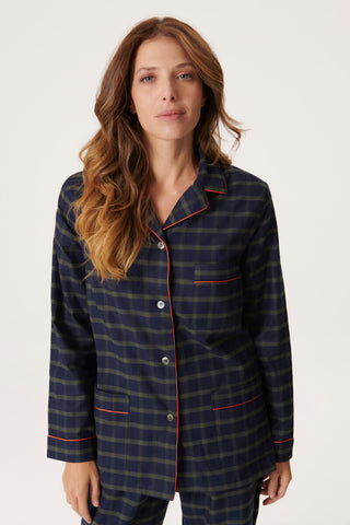 Premium Cotton Flannel Pajama Set - Plaid - Navy and Green