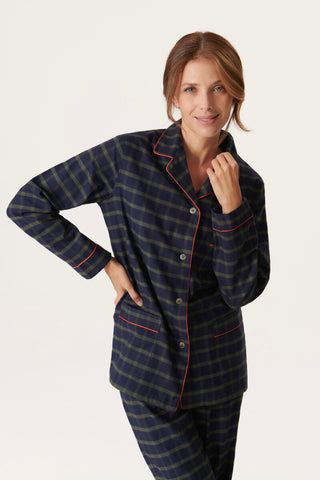 Premium Cotton Flannel Pajama Set - Plaid - Navy and Green