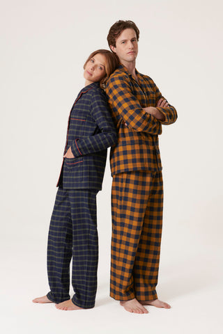 Premium Cotton Flannel Pajama Set - Checkered - Ocher Yellow