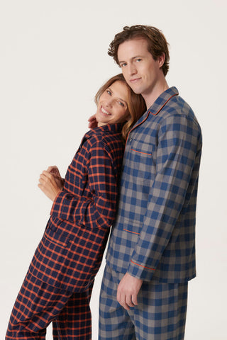 Premium Cotton Flannel Pajama Set - Checkered - Denim Blue