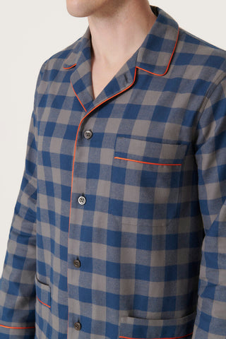 Premium Cotton Flannel Pajama Set - Checkered - Denim Blue
