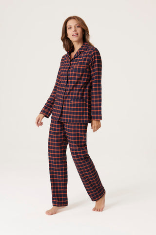 Premium Cotton Flannel Pajama Set - Plaid - Navy and Orange