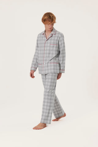 Premium Cotton Flannel Pajama Set - Plaid - Quiet Gray