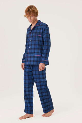 Premium Cotton Flannel Pajama Set - Plaid - Denim Blue